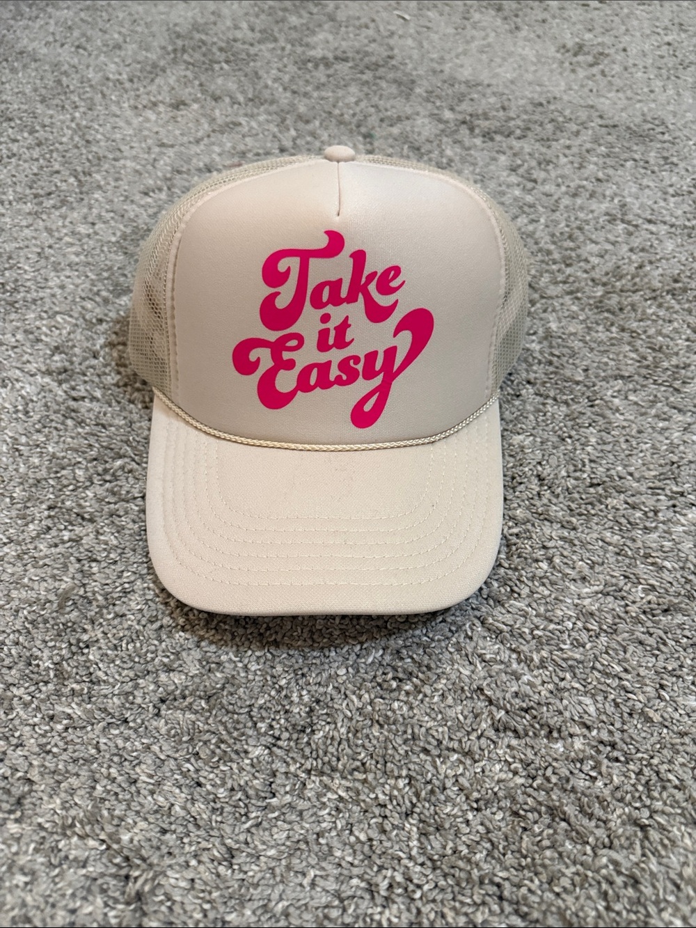 Take It Easy Beige Foam Trucker Hat with Pink Script
